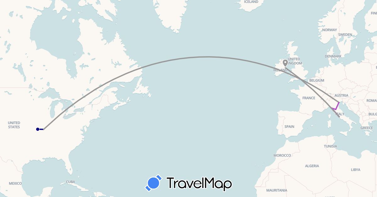 TravelMap itinerary: driving, plane, train in Ireland, Italy, United States (Europe, North America)